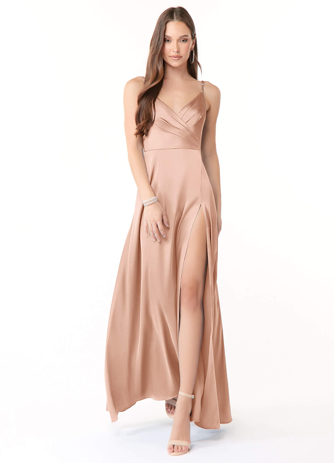 Azazie Dalilah Bridesmaid Dresses Rose Gold A-Line V-Neck Pleated Stretch Satin Dress image1