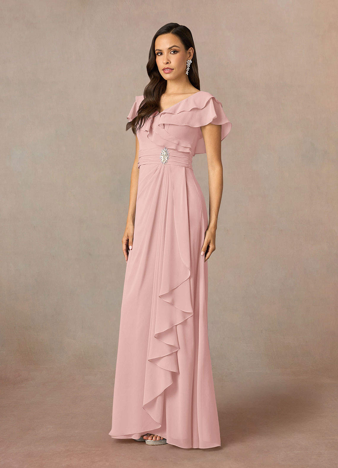 Azazie Snapdragon Brudens mor kjoler A-Line V-hals Ruched Chiffon Gulv-længde Kjole image1