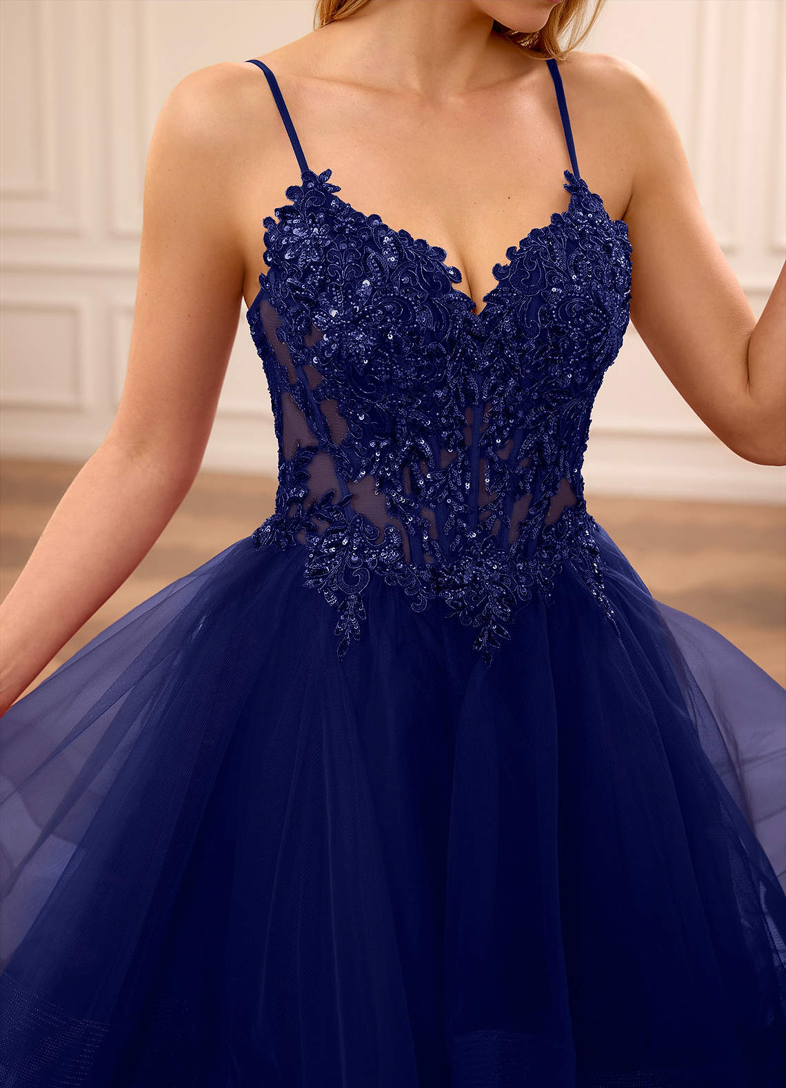 Zinnia Navy A-line Floral V-neck Tulle Tier Prom Dress
