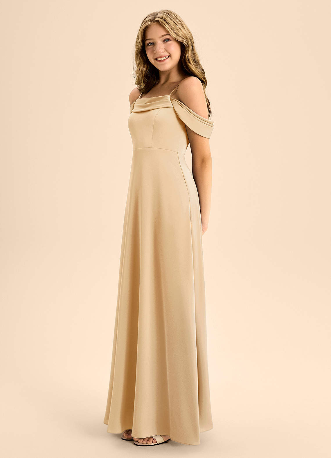 Azazie Anselie Junior Gold A-Line Off the Shoulder Stretch Satin Dress image5
