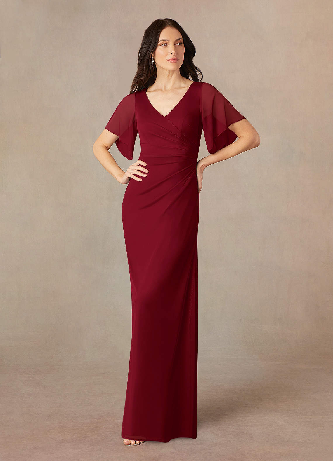 Azazie Selah Mère de la mariée Robes Robe Trapèze en Maille Col en V froncé Bourgogne image1