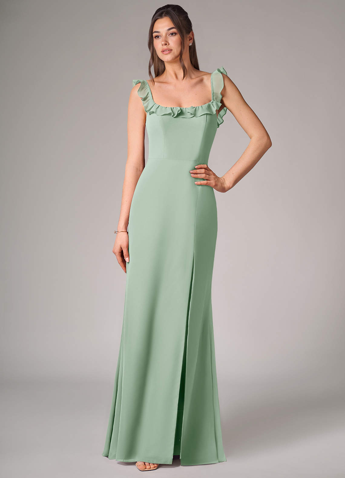 Azazie Callie At-home Try On Dresses Agave Mermaid Side Slit Chiffon Convertible Dress image3