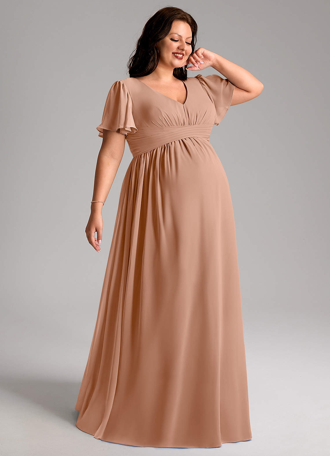 Azazie Verna Brautjungfernkleider für Schwangere A-Linie V-Hals Gerüscht Chiffon Bodenlänge Kleid image1