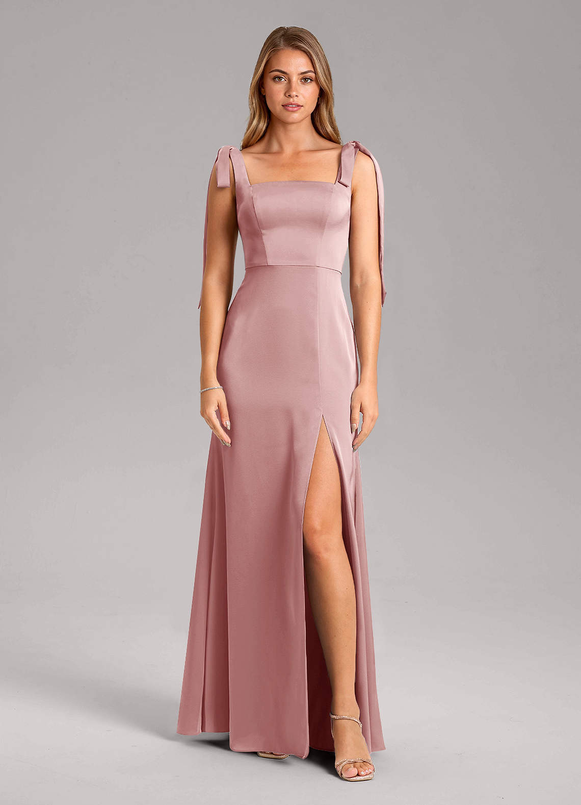 Azazie Frostine Vestidos de madrinha de casamento Vestido Rosa Empoeirada de Cetim elástico de Linha A com Arco image10
