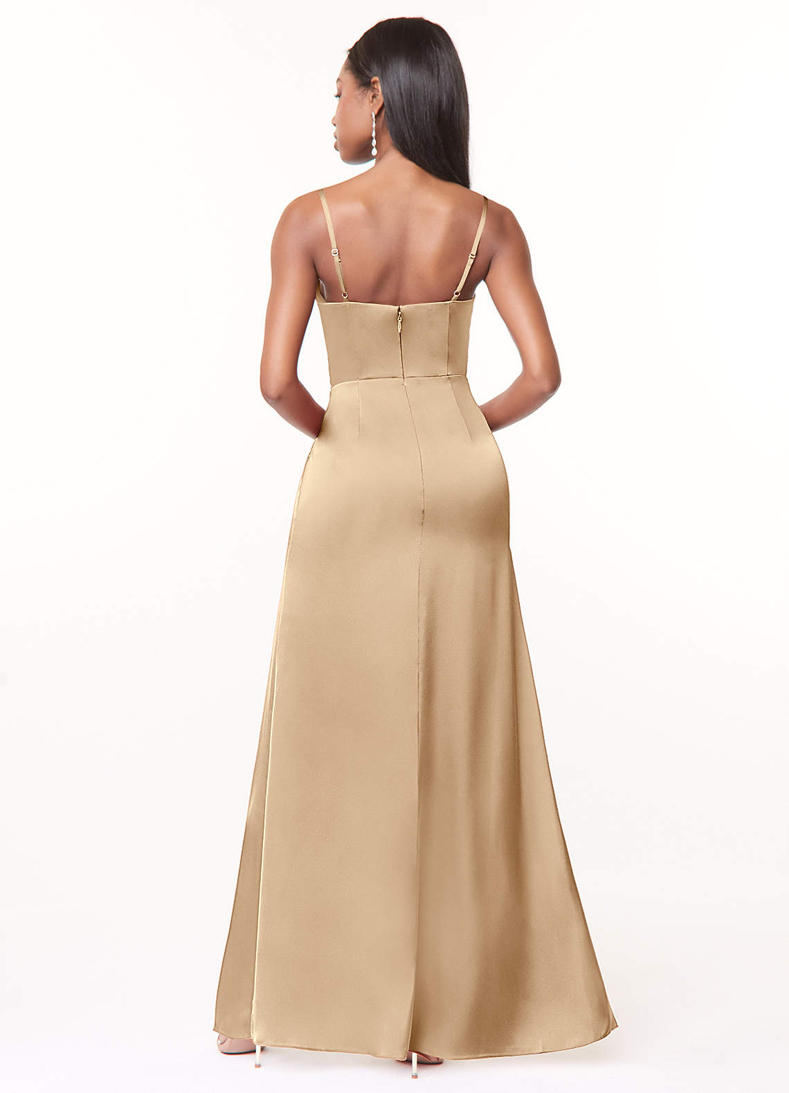 Azazie Maci Bridesmaid Dresses Champagne A-Line V-Neck Pleated Stretch Satin Dress image1