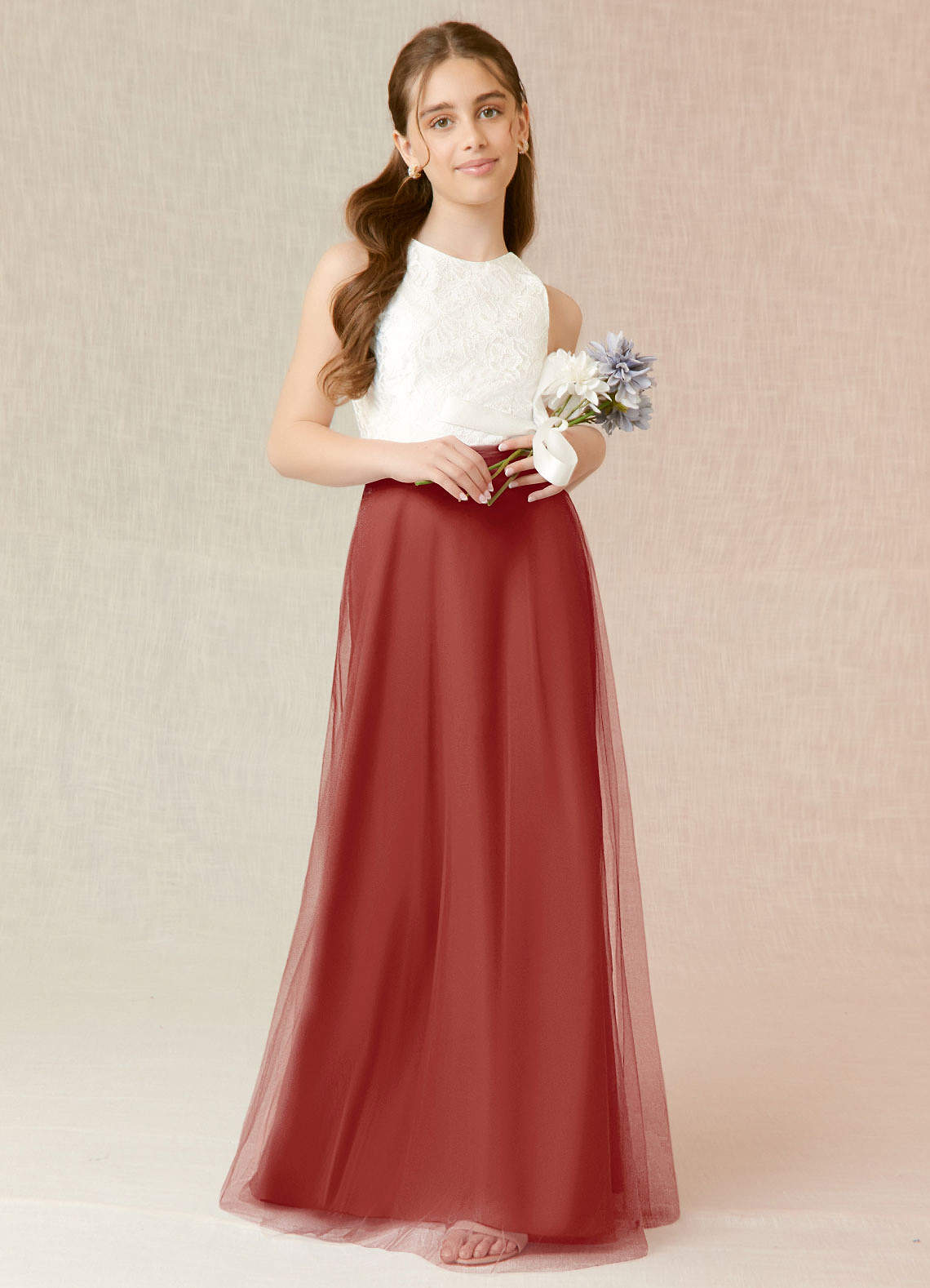 Azazie Albertine Junior Terracotta A-Line Lace Chiffon Dress image1