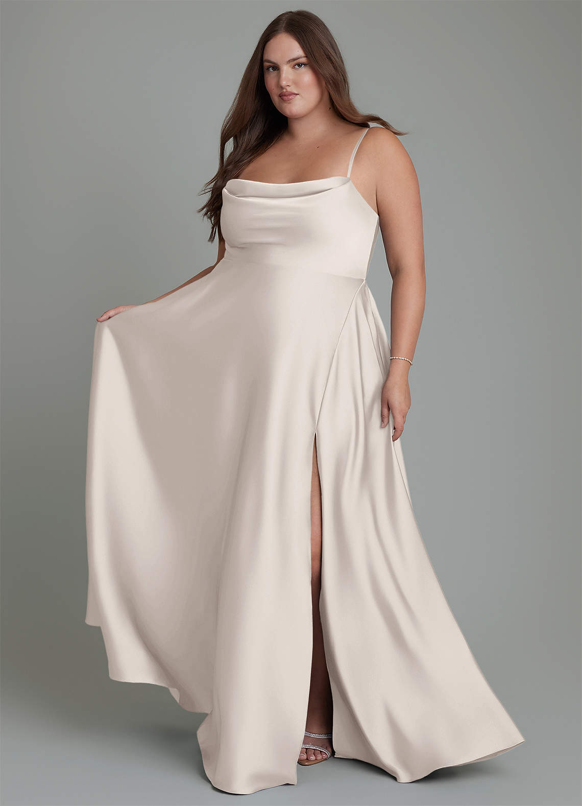 Azazie Elle Bridesmaid Dresses White Alabaster A-Line Pleated Stretch Satin Dress image1