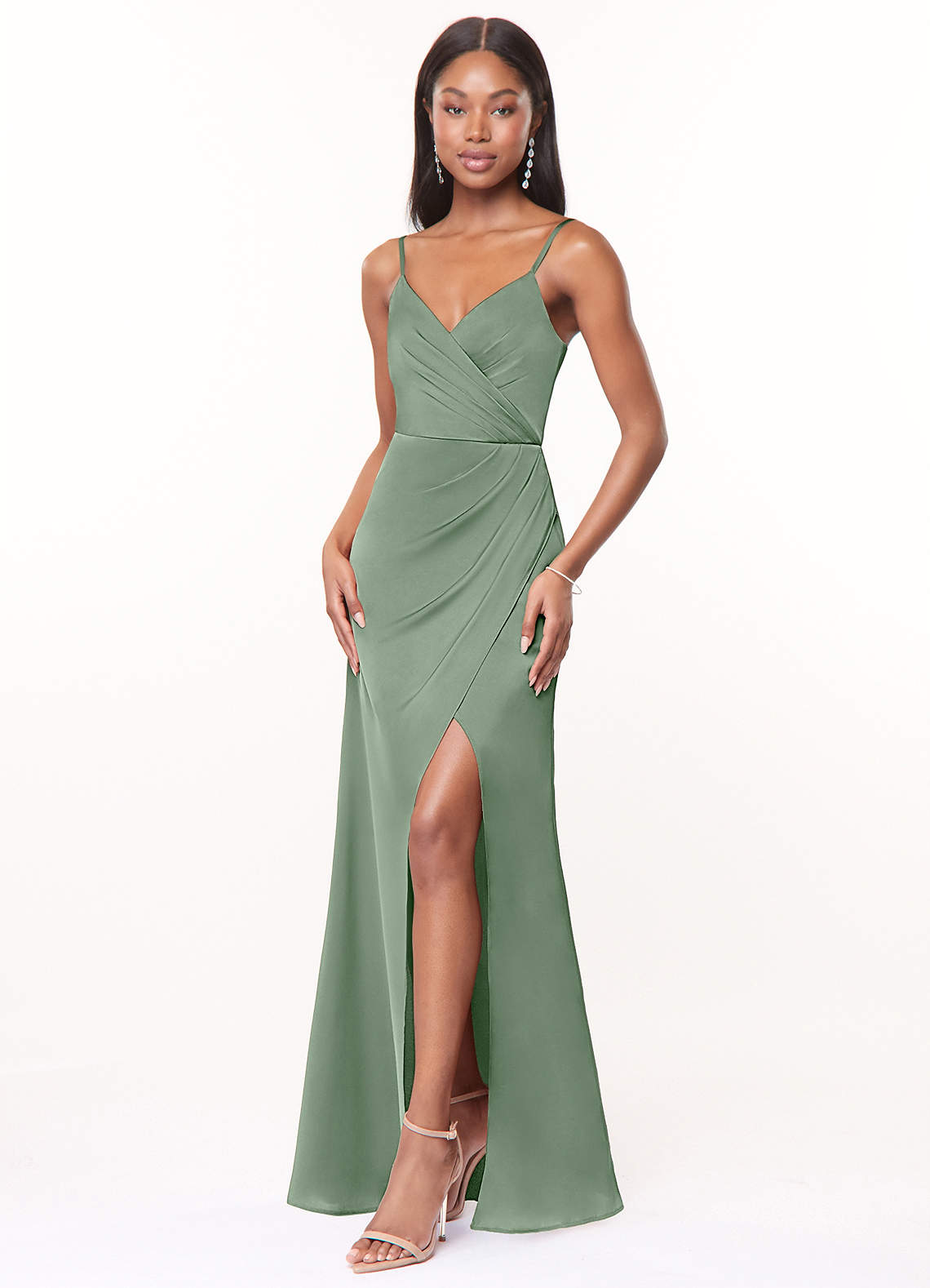 Azazie Maci Bridesmaid Dresses Matcha A-Line V-Neck Pleated Stretch Satin Dress image2