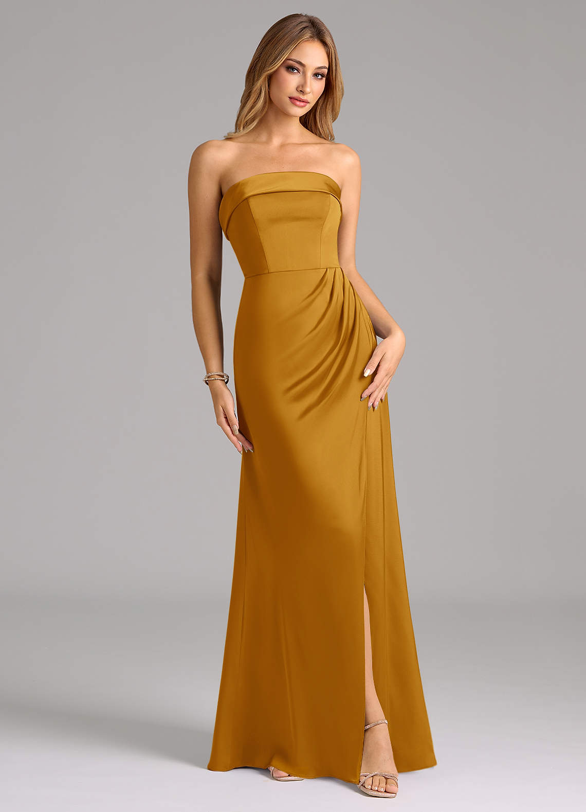 Azazie Aretha Bridesmaid Dresses Butterscotch A-Line Strapless Stretch Satin Convertible Dress image1