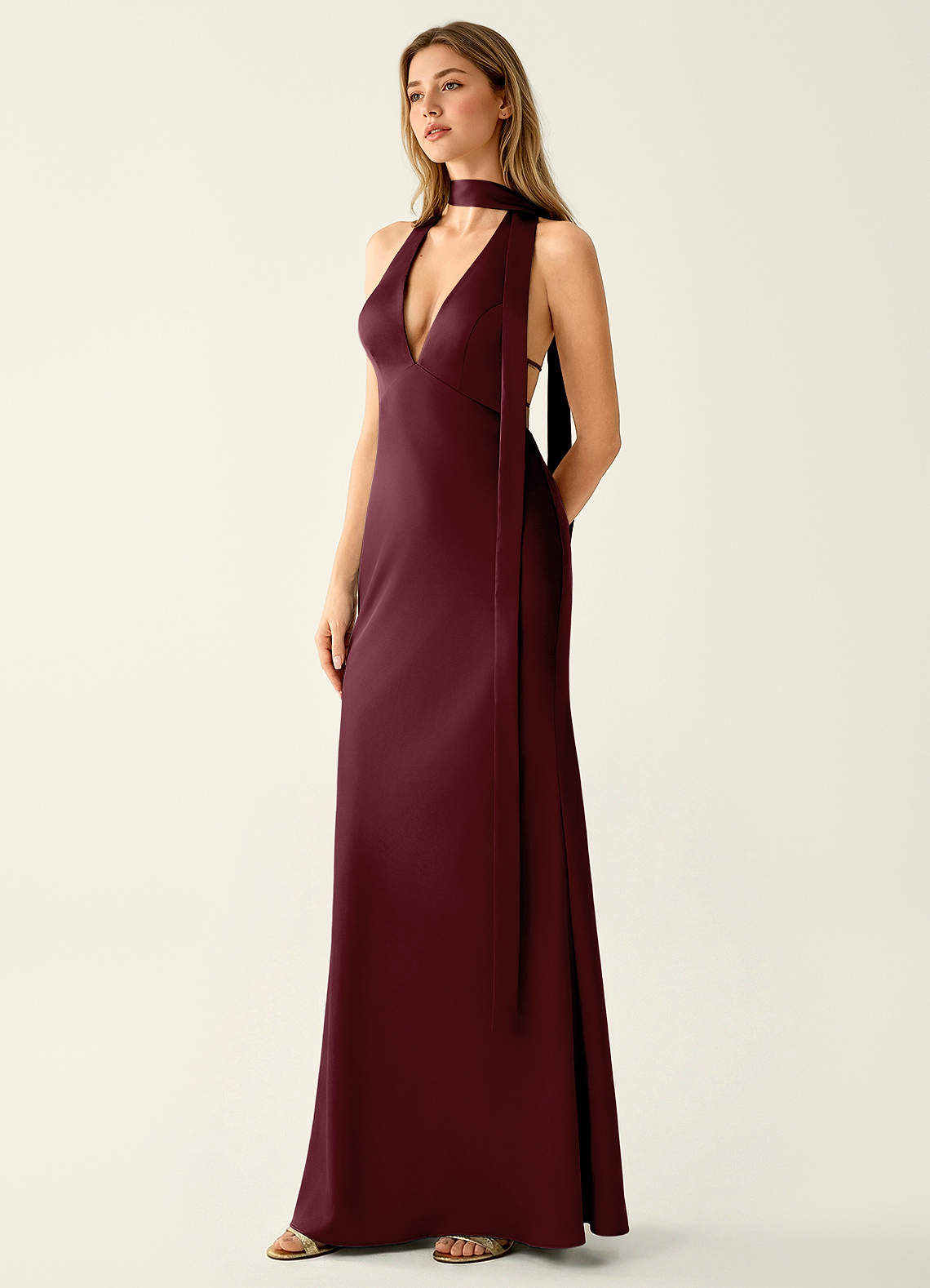 deep v neck backless maxi dress Wrenllien Wine V-Neck Satin summer backless maxi dress