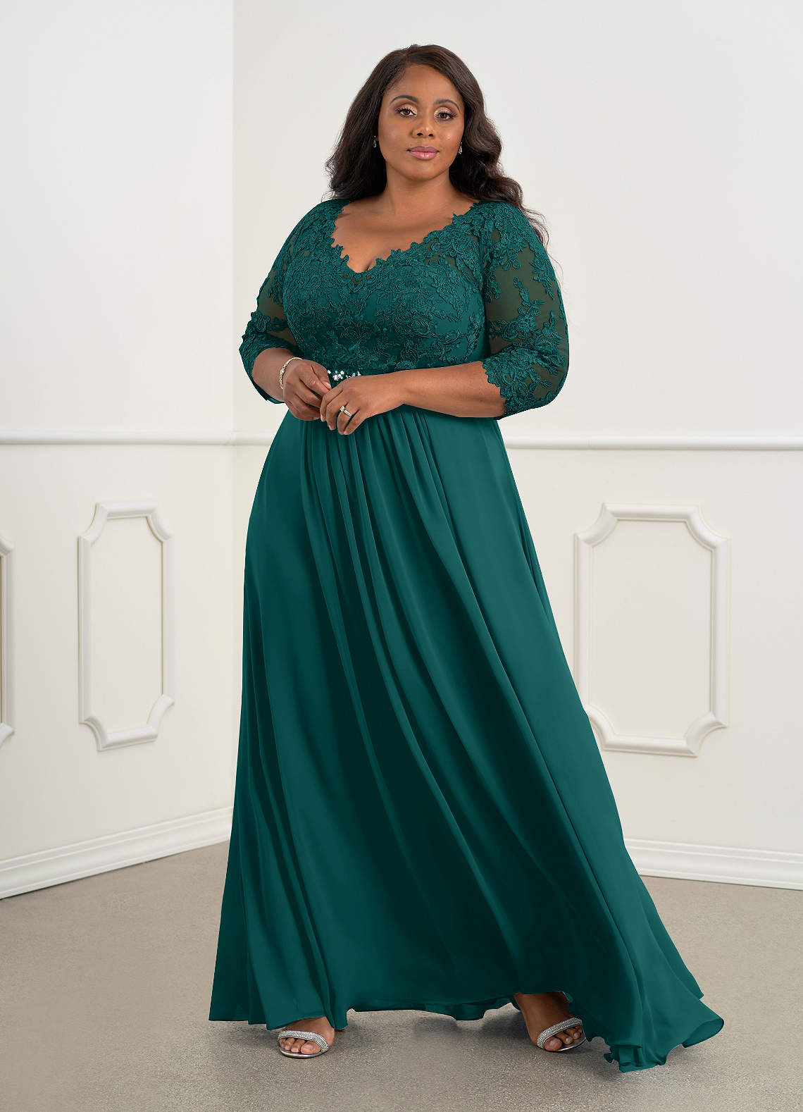 Azazie Hayek Mother of the Bride Dresses Peacock A-Line V-Neck Lace Chiffon Dress image1