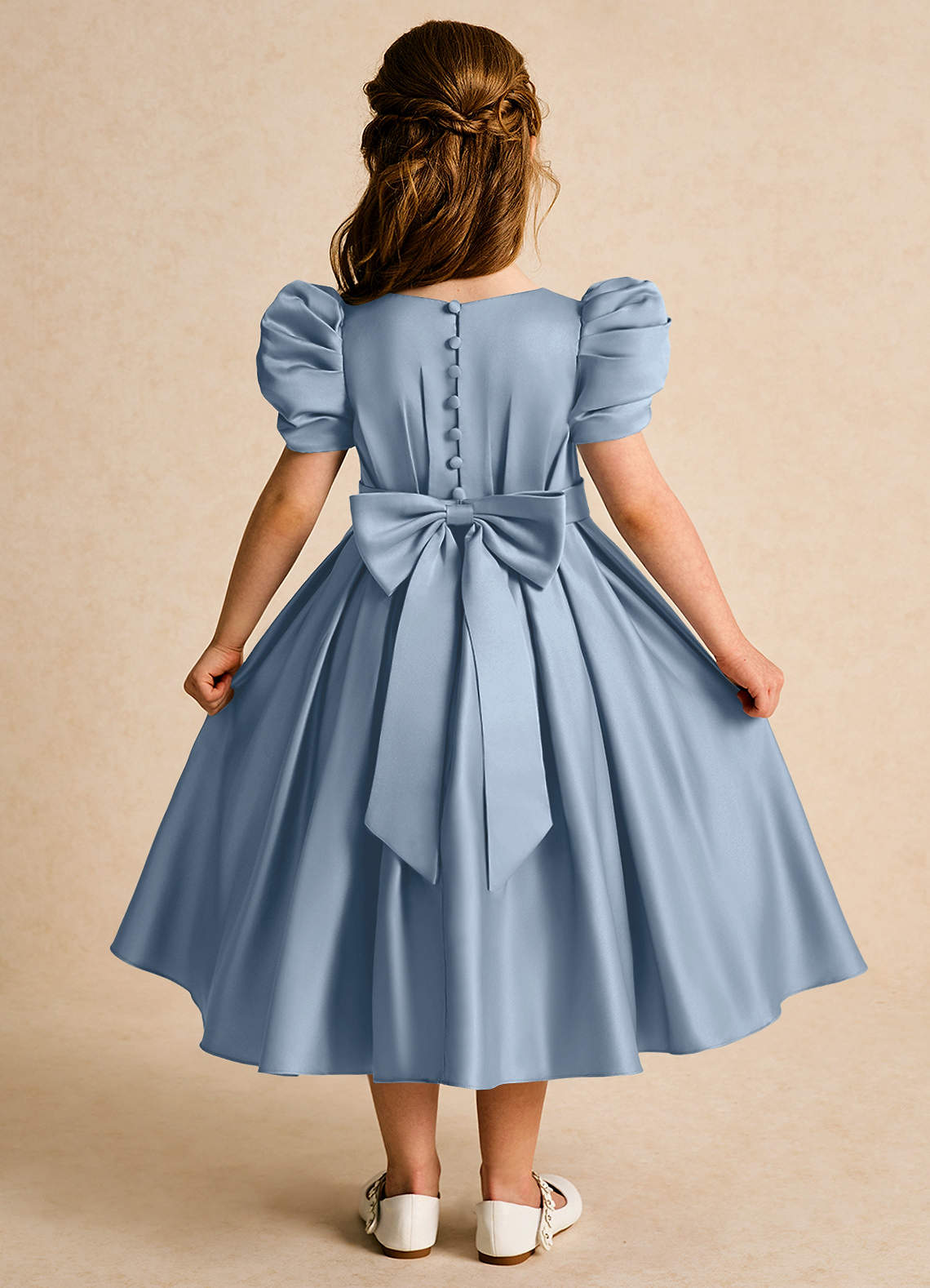 Azazie Miriam Abiti da Ragazza di Fiori Abito Principessa in Raso Opaco Plissettato Blu Polveroso image1
