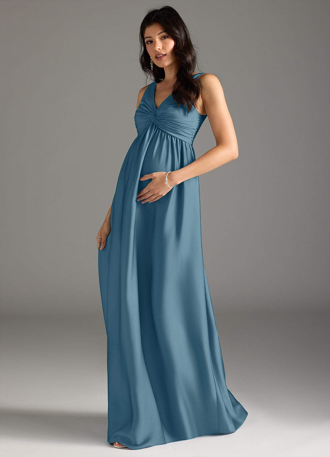 Azazie Yetta Maternity Bridesmaid Dresses A-Line Pleated Stretch Satin Floor-Length Dress image1