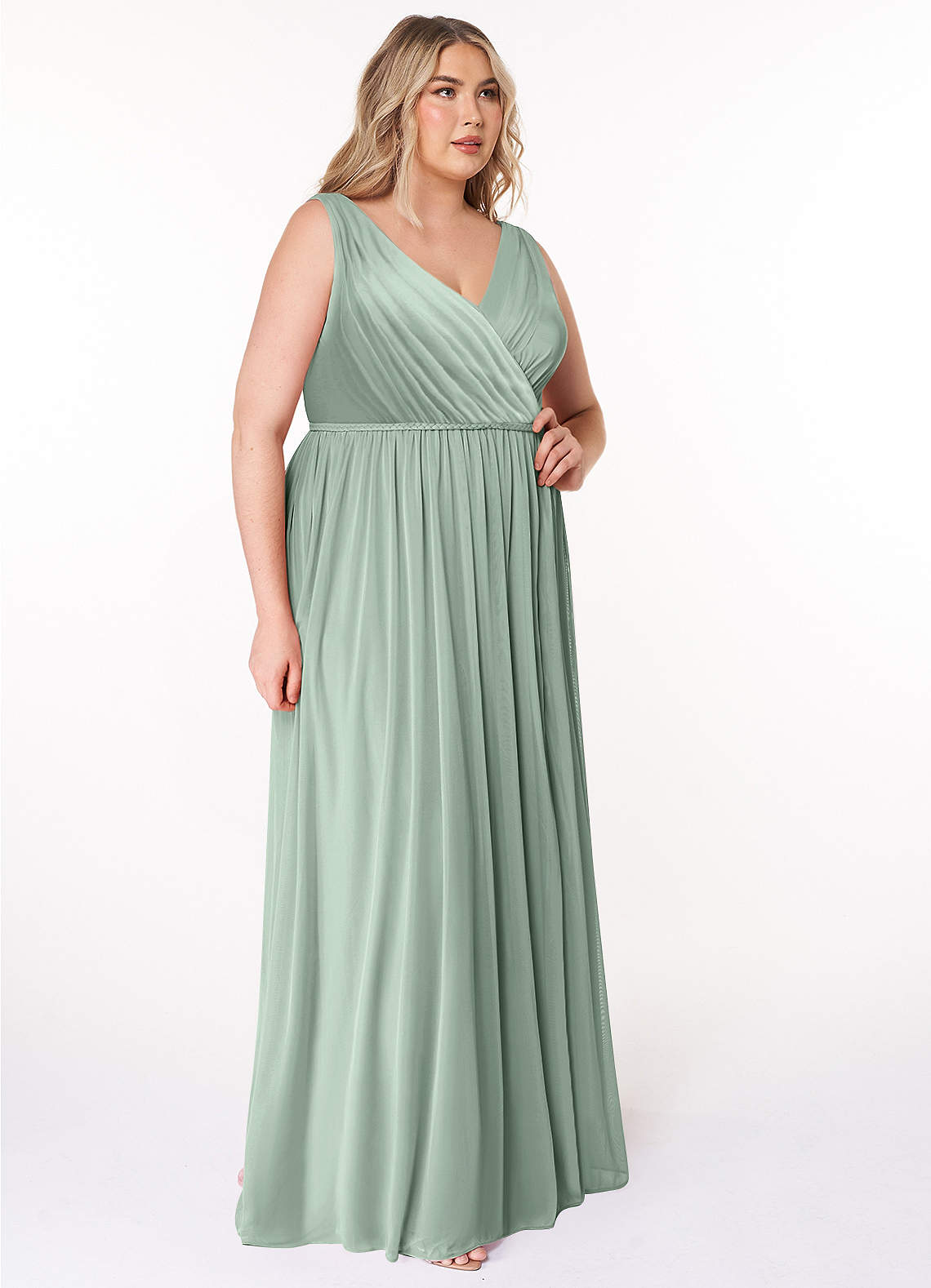 Azazie Tanicia Bridesmaid Dresses Agave A-Line V-Neck Pleated Mesh Dress image7
