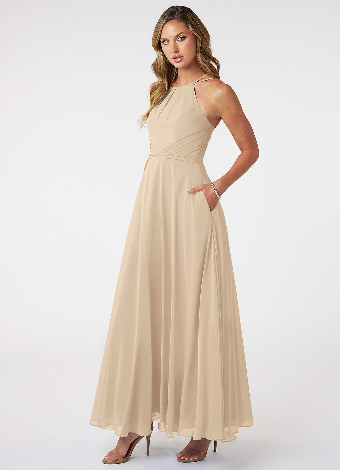 Azazie Melinda Bridesmaid Dresses A-Line Pleated Chiffon Floor-Length Dress image1