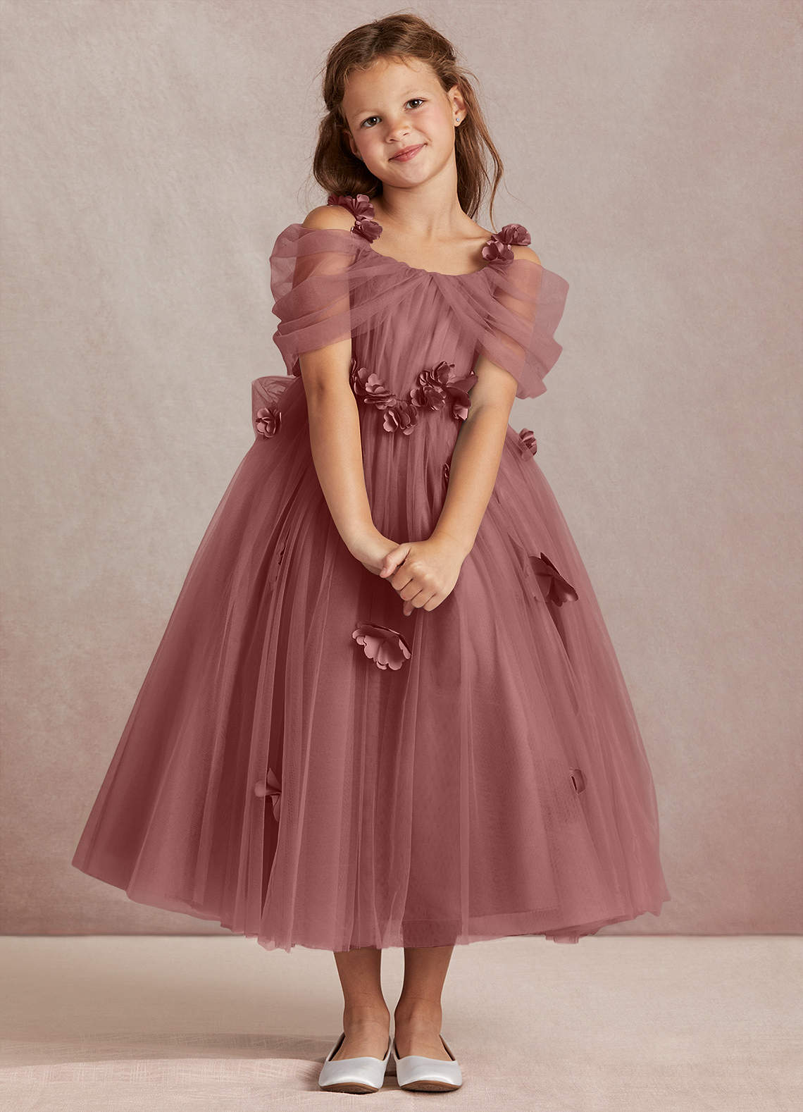 Azazie Shaylee Flower Girl Dresses Desert Rose A-Line Off the Shoulder Tulle Dress image1