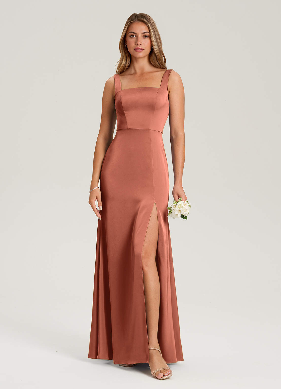 Azazie Frostine Bridesmaid Dresses Clay A-Line Bow Stretch Satin Dress image1