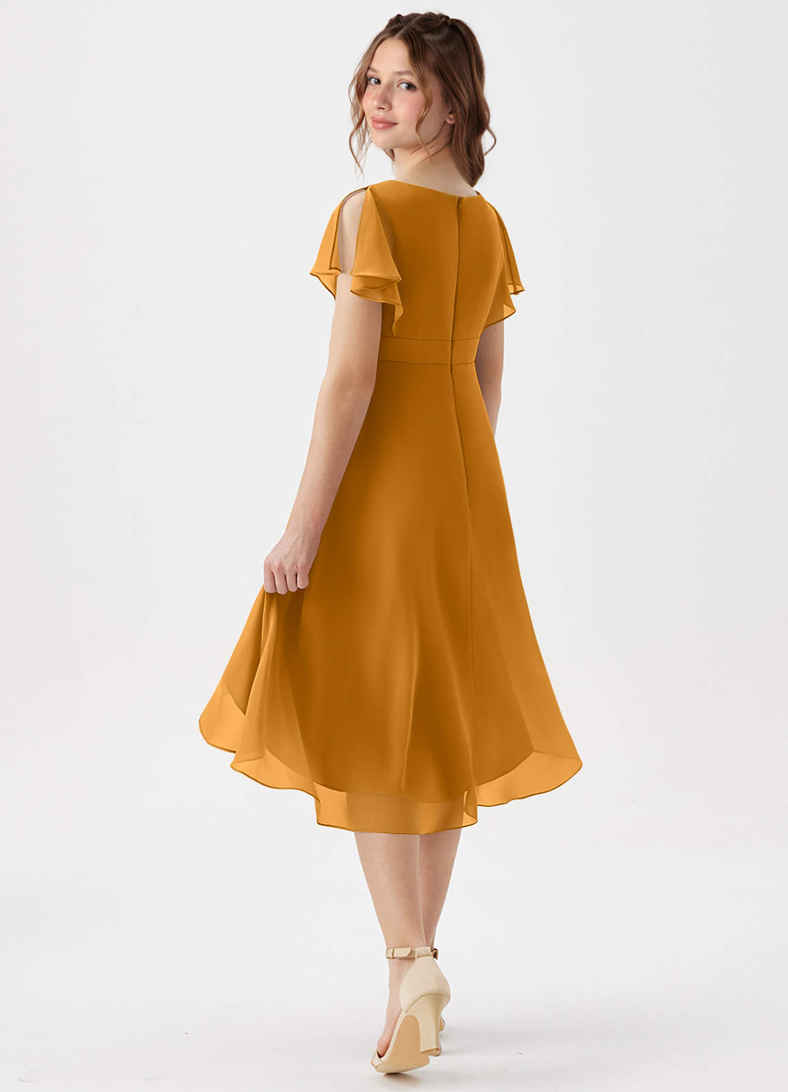 Azazie Graciela Junior Vestido Caramelo de Chiffon de Linha A com Plissado image5