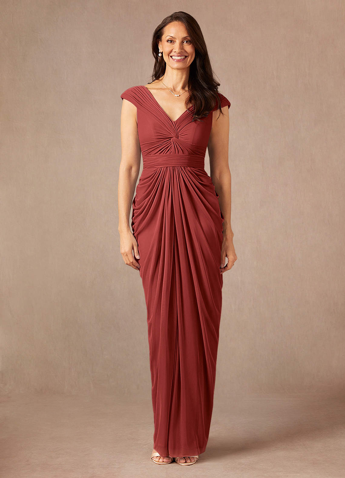 Azazie Lisolette Mother of the Bride Dresses Rust Sheath Pleated Mesh Dress image1