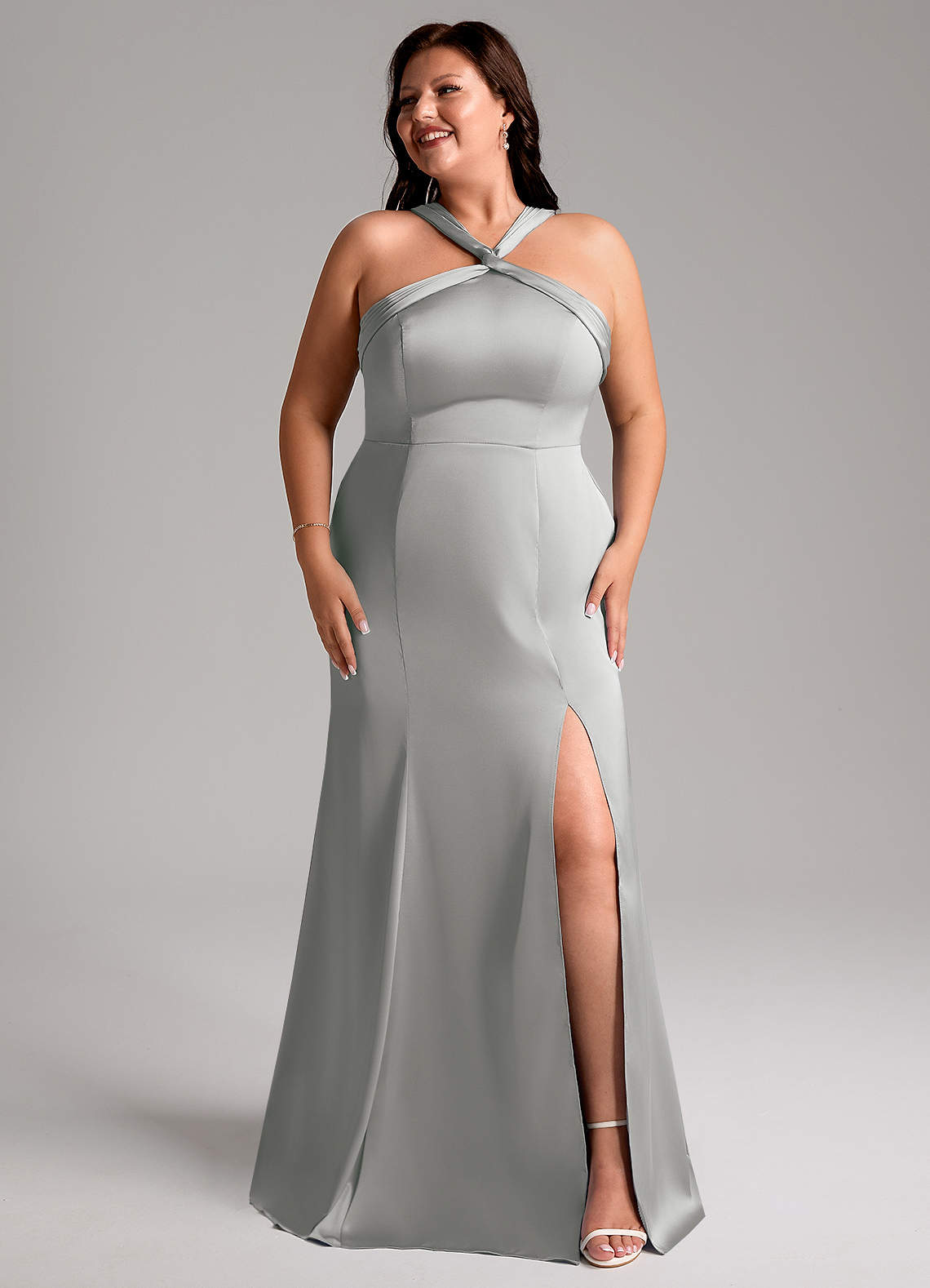 Azazie Rue Vestidos de madrinha de casamento Vestido Prata de Cetim elástico de sereia com Plissado image9