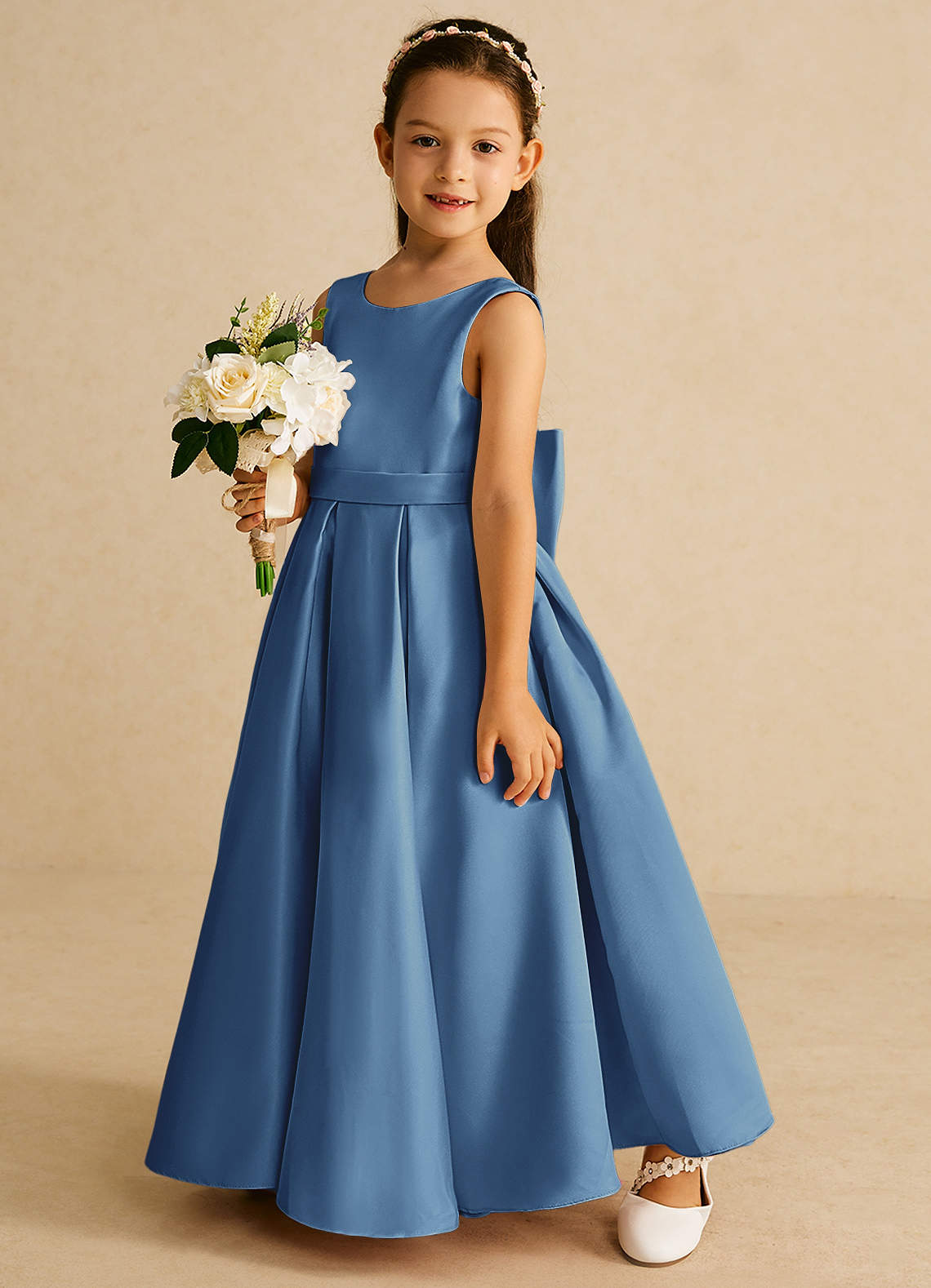 Azazie Pipsy Flower Girl Dresses Steel Blue A-Line Bow Matte Satin Dress image1