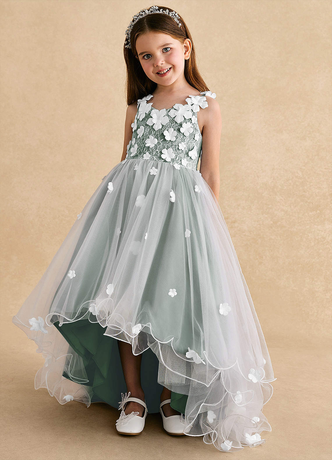 Azazie Celia Flower Girl Dresses Eucalyptus A-Line Lace Tulle Dress image5