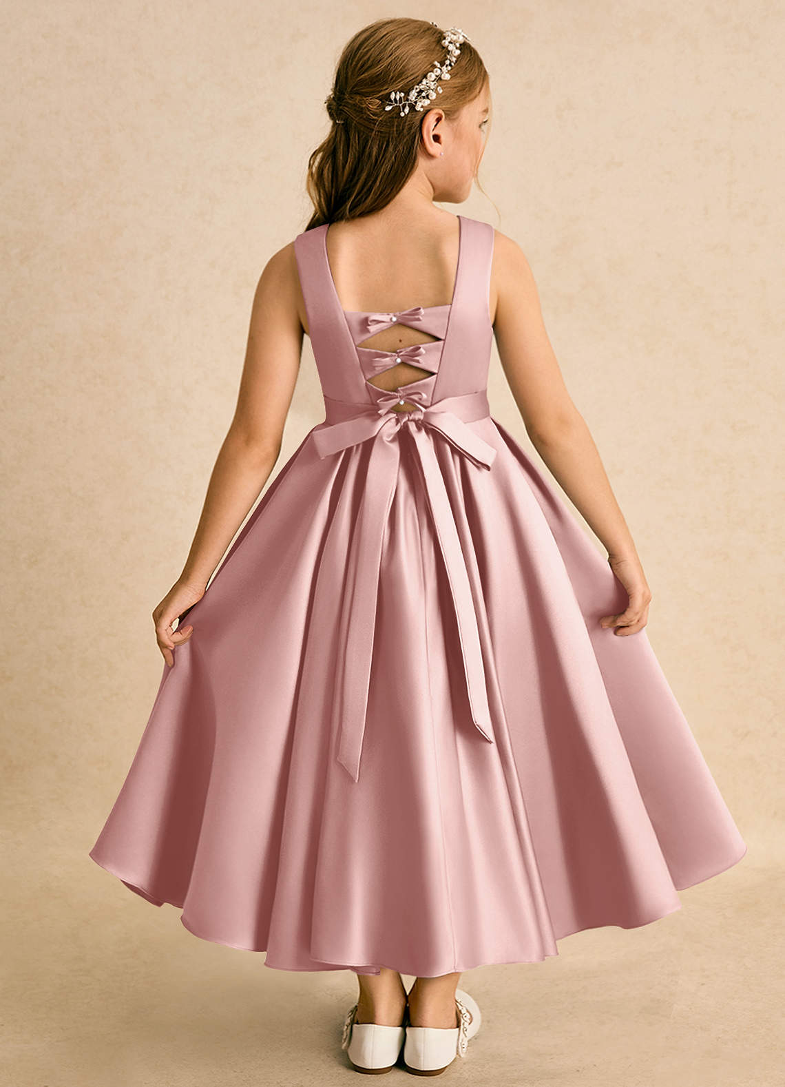 Azazie Junebuj Flower Girl Dresses Rose Gold Ball-Gown Pleated Matte Satin Dress image1