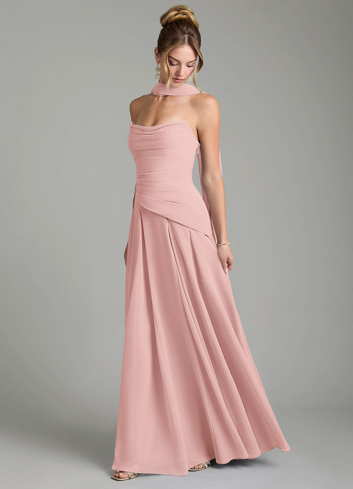 Azazie Gabriela Bridesmaid Dresses Powder Pink A-Line Corset Chiffon Dress image3