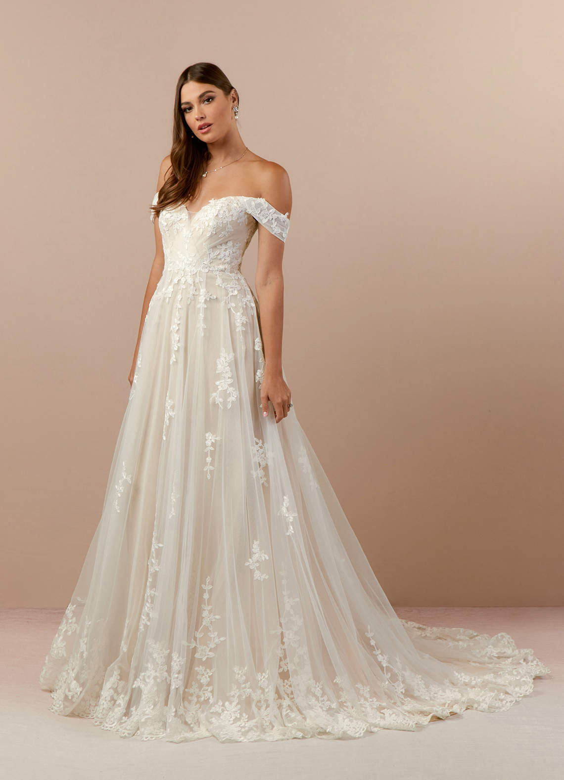 Azazie Botanica At-home Try On Dresses Diamond White Champagne A-Line Off the Shoulder Tulle Dress image2