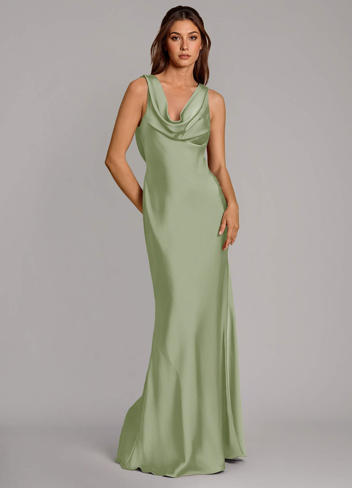 Azazie Cheryl Bridesmaid Dresses Dusty Sage Mermaid Stretch Satin Dress image1