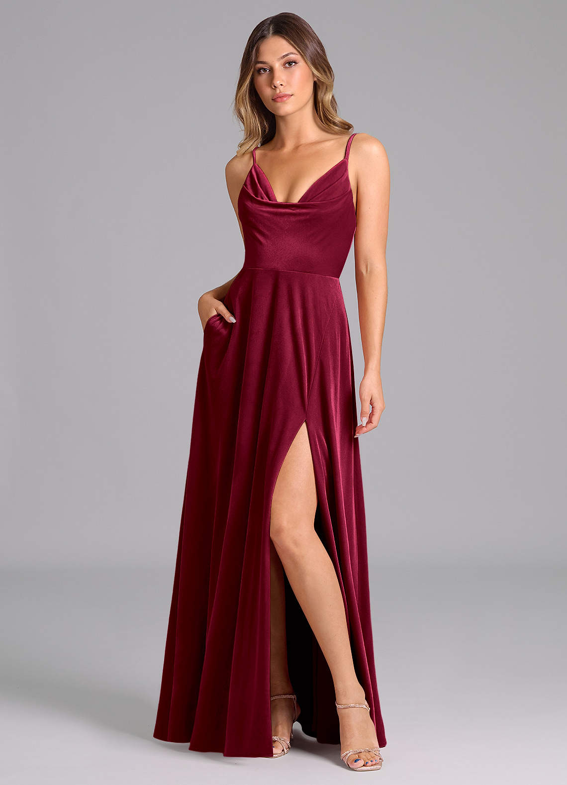 Azazie Sarella Bridesmaid Dresses Burgundy A-Line Pleated Velvet Dress image1