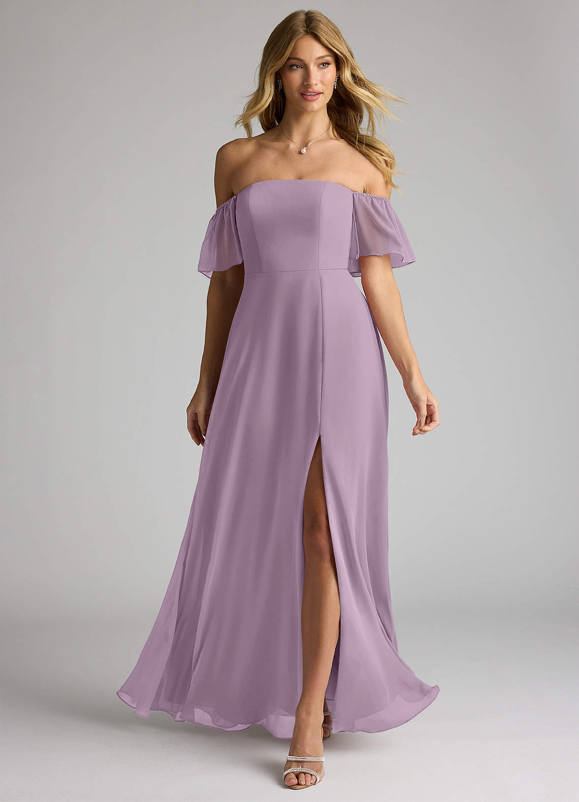 Azazie Sue Bridesmaid Dresses Wisteria A-Line Off the Shoulder Chiffon Convertible Dress image1