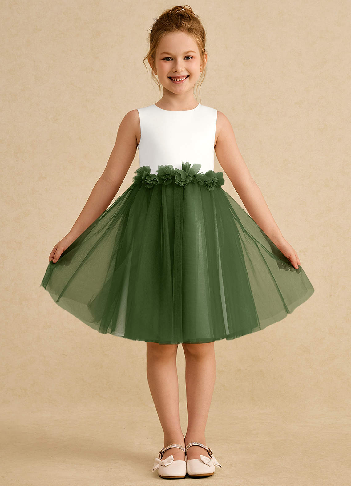 Azazie Louisa Flower Girl Dresses Ivory Olive A-Line Sleeveless Tulle Dress image1