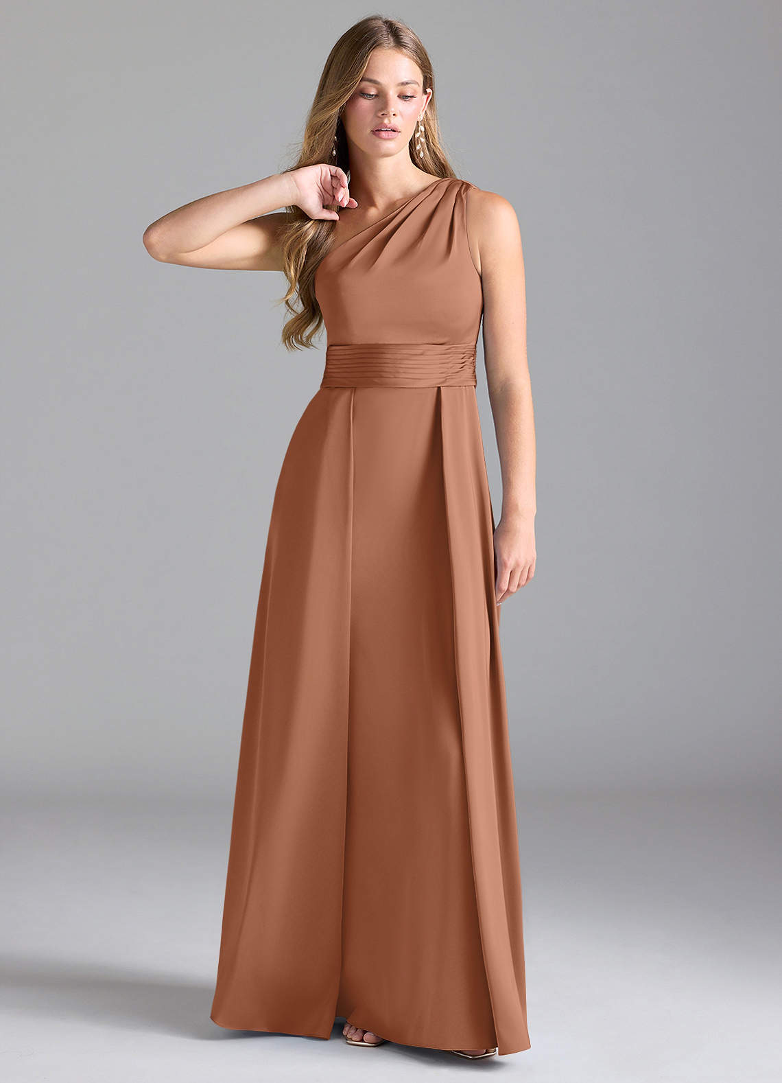 Azazie Dallas Bridesmaid Dresses Bronzer A-Line One Shoulder Stretch Satin Dress image1
