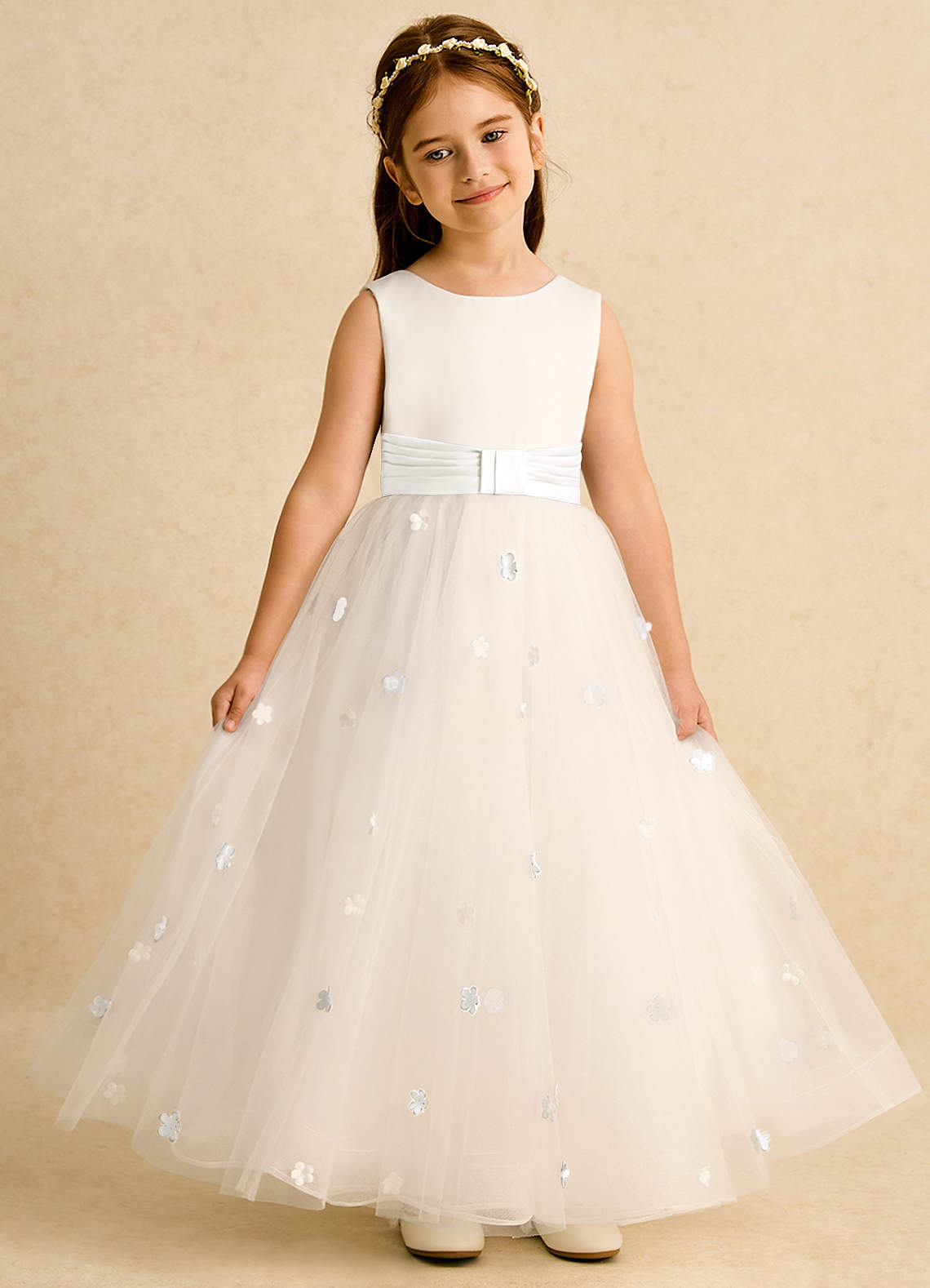 Azazie Cricket Flower Girl Dresses Ivory Ball-Gown Pleated Matte Satin Dress image3
