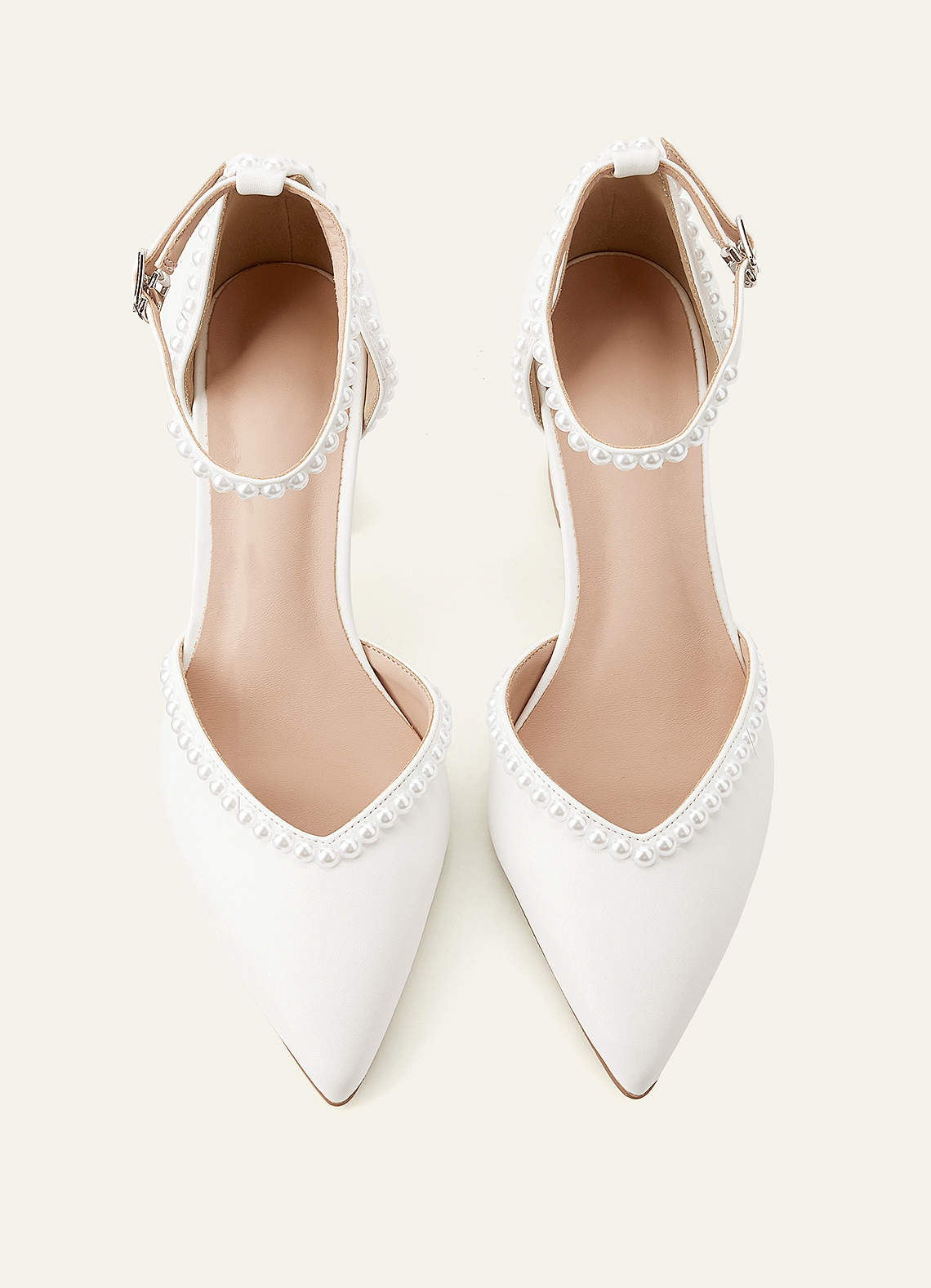 front Pearl Embellished Chunky Block Heel Pumps Closed Toe Wedding Shoes