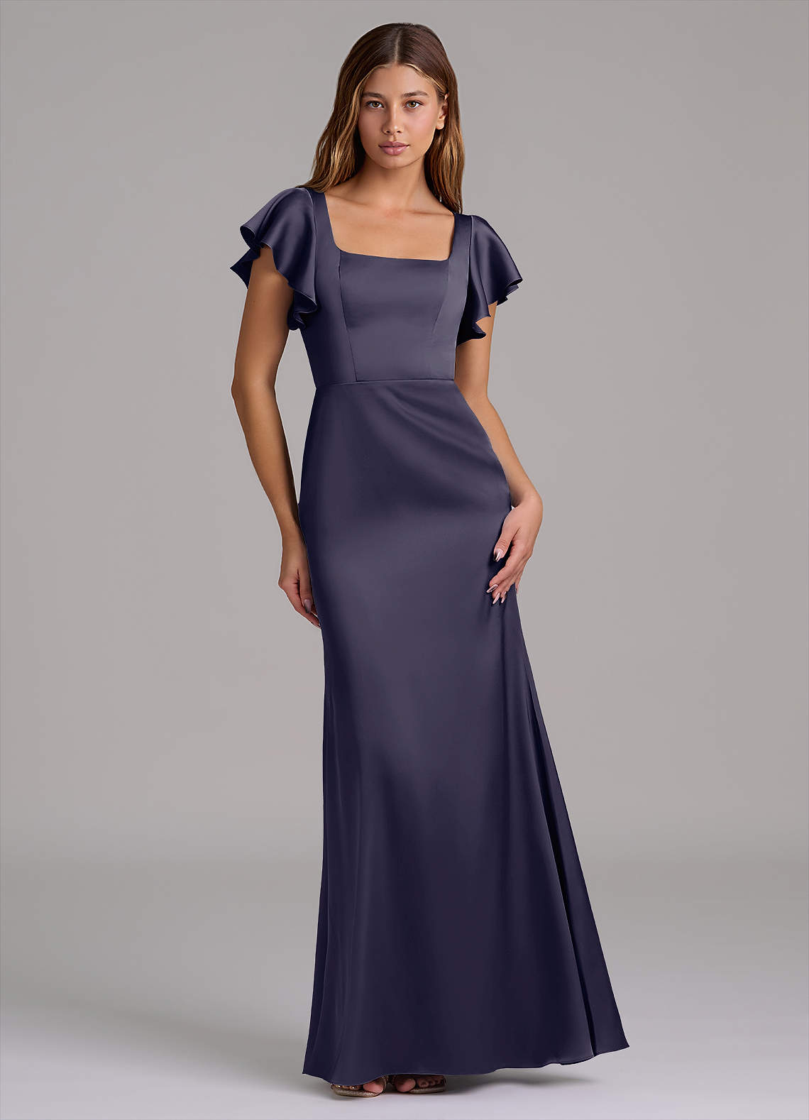 Azazie Elkie 신부 들러리 드레스 인어 스퀘어 네크라인 스트레치 새틴 바닥 길이 드레스 image1