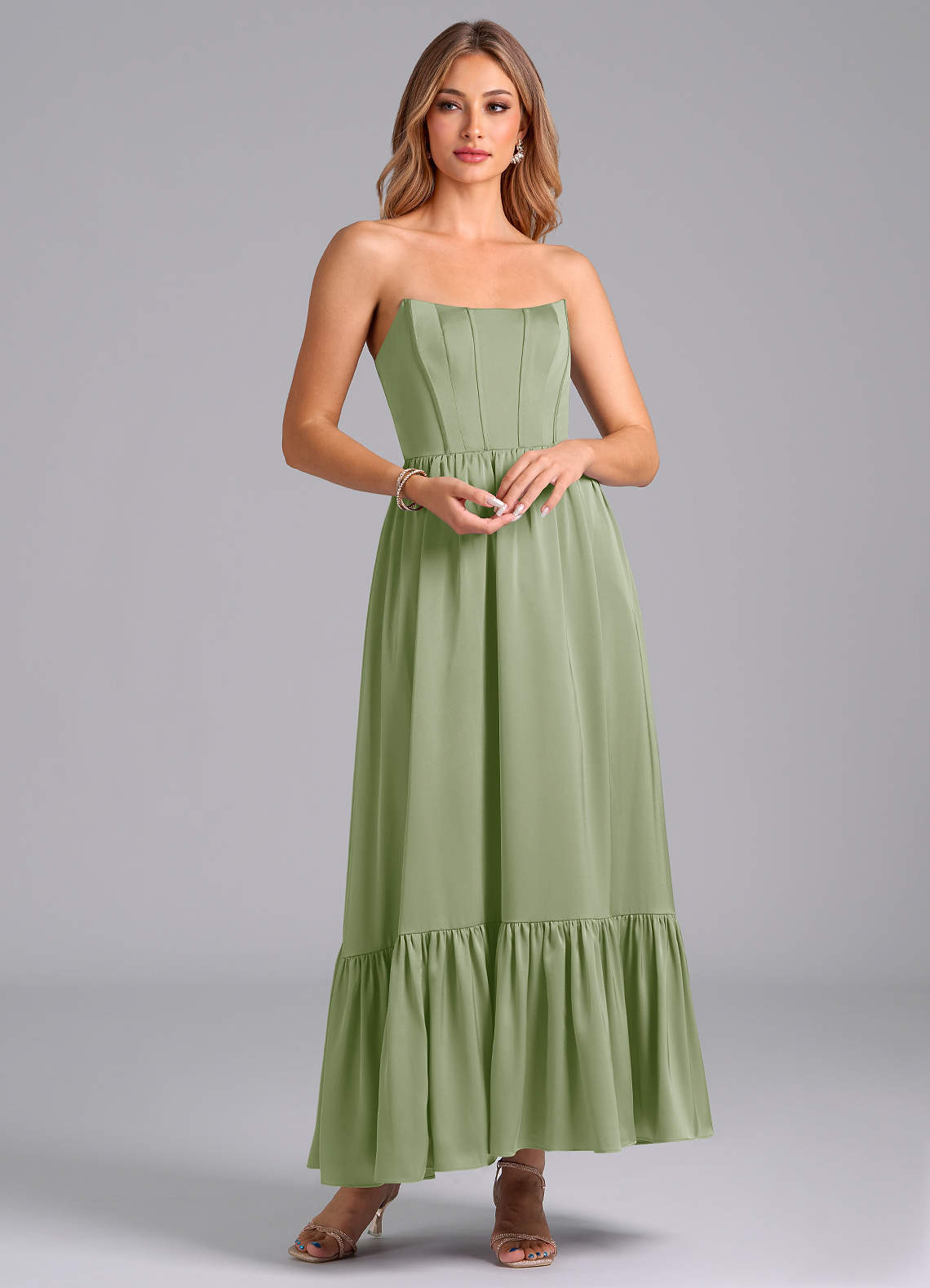 Azazie Leilana Bridesmaid Dresses Dusty Sage A-Line Corset Stretch Satin Dress image1
