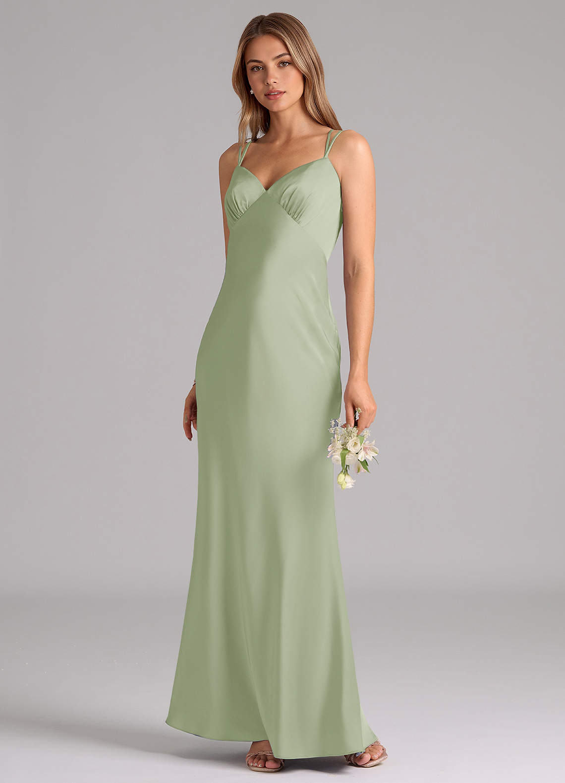 Azazie Suttona Vestidos de damas de honor Vestido de Salvia Polvorienta de Satén Elástico de Corte en A con Plisado image3