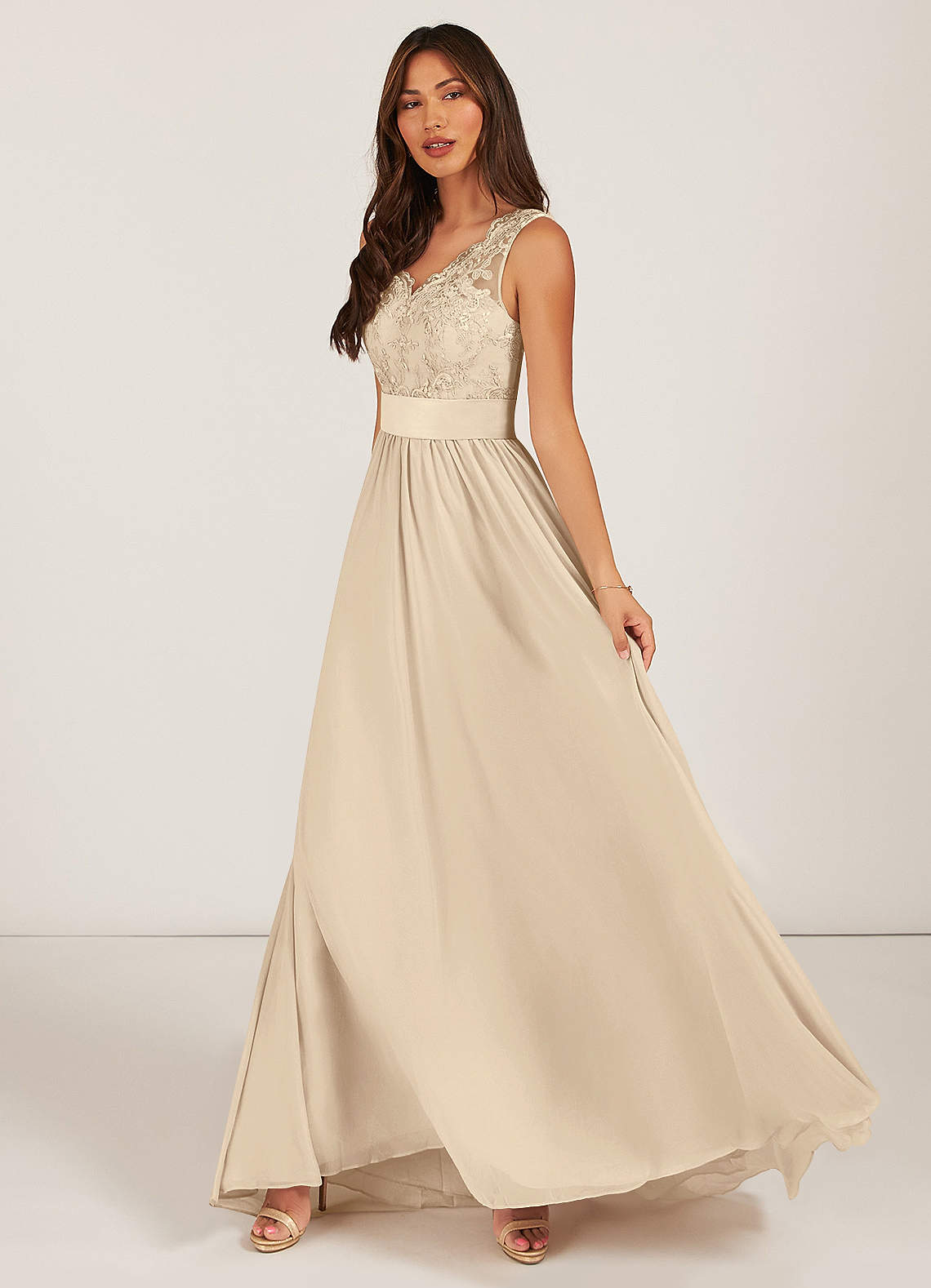 Azazie Gertrude Bridesmaid Dresses Champagne A-Line Lace Chiffon Dress image2