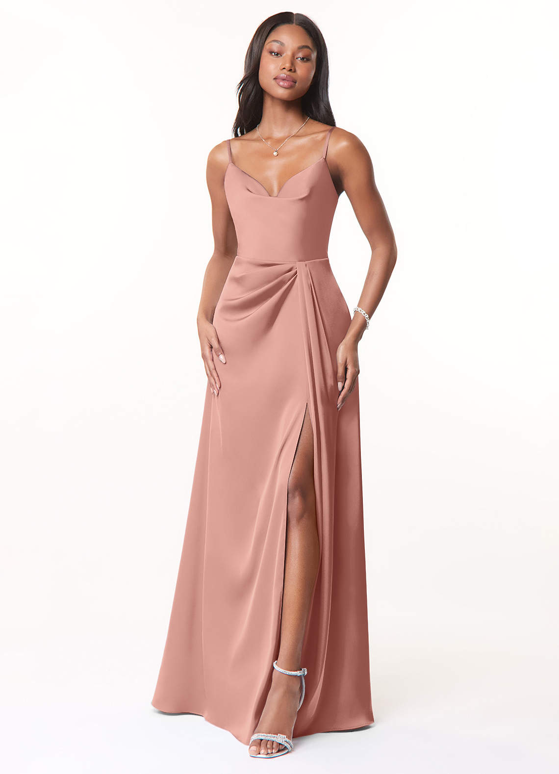 Azazie Brielle Bridesmaid Dresses Rosette A-Line Cowl Spaghetti Straps Stretch Satin Dress image1