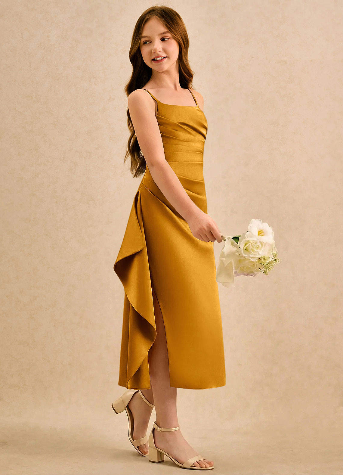 Azazie Canna Girls Formal Butterscotch A-Line Pleated Stretch Satin Dress |  Azazie