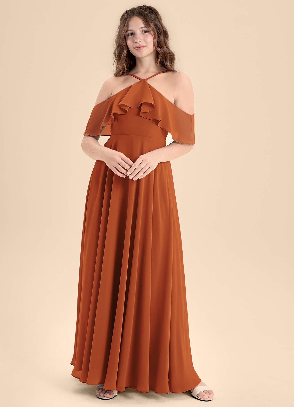 Azazie A-Line/Princess Off The Shoulder Floor-Length Chiffon Junior Bridesmaid Dresses - Cinnamon