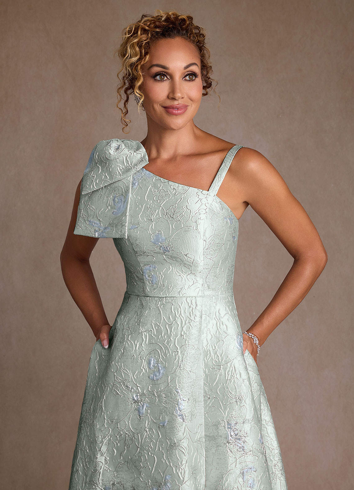 Azazie Margerie Agave Jacquard A-Line One Shoulder Floral Jacquard