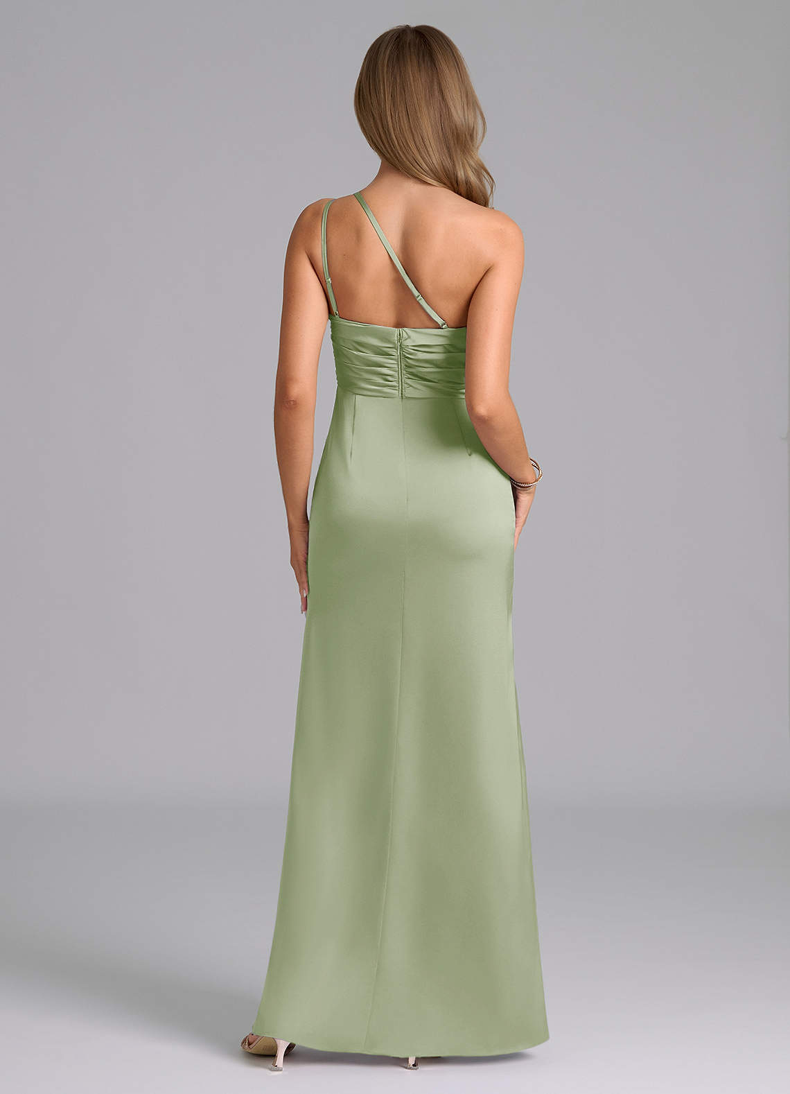 Azazie Eren Jurken voor bruidsmeisjes Jurk van Stretch Satijn met Zeemeermin One-Shoulder Stoffige Salie image1