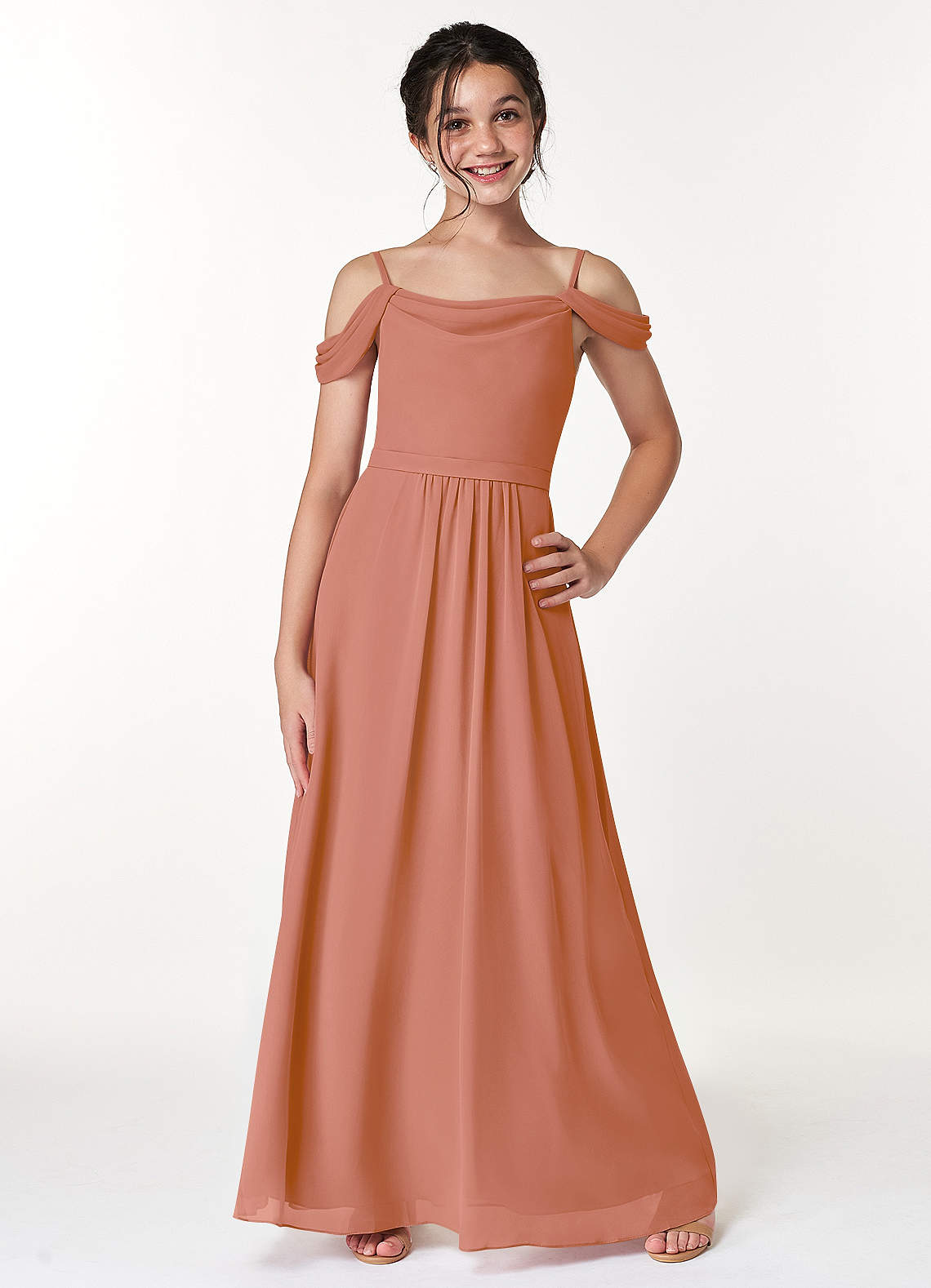 Azazie Alivia Junior MAI TAI A-Line Off the Shoulder Chiffon Dress image1