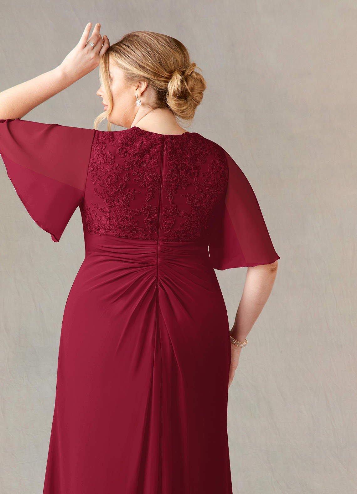 Azazie Carson Mother of the Bride Dresses Burgundy A-Line V-Neck Lace Chiffon Dress image10