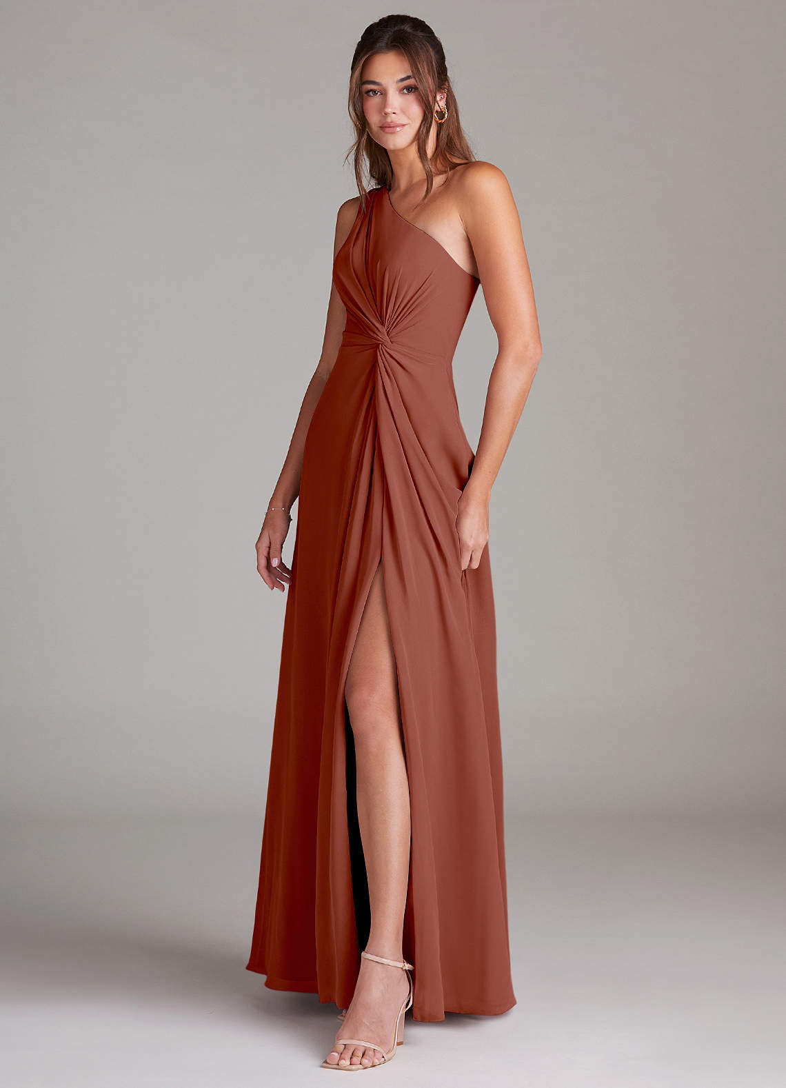 Azazie Brooke Bridesmaid Dresses Auburn A-Line One Shoulder Chiffon Dress image4