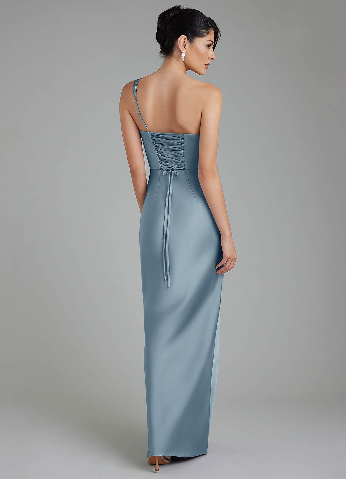 Azazie Sabrina At-home Try On Dresses Dusty Blue Mermaid Corset Stretch Satin Dress image2