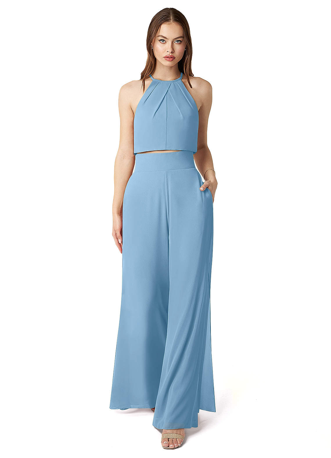 Azazie Kenzi Vestidos de damas de honor Azul Acero de Gasa de Mono con Plisado image1
